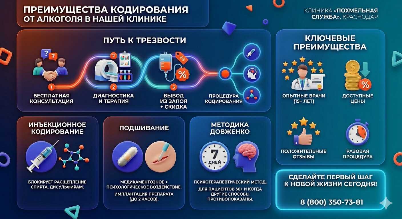 Инфографика о методах кодирования от алкоголя в Вольнянске: инъекции, подшивание, метод Довженко. Преимущества клиники и этапы лечения.