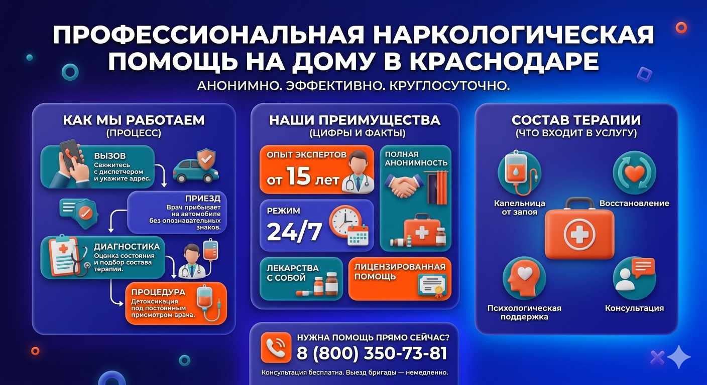Инфографика о принципах лечения алкоголизма на дому в Вольнянске: этапы вызова нарколога, преимущества анонимной детоксикации и состав медицинской помощи.